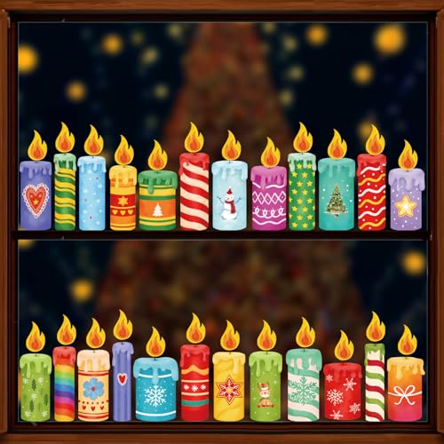 BETESSIN Fensterbilder Weihnachten Selbstklebend - 9 Bögen Statisch Haftende Fensteraufkleber mit 24 Adventskerzen & Flammen - Weihnachtsdeko Fenster - Fensterdeko für Winter, Advents, Weihnachten von BETESSIN
