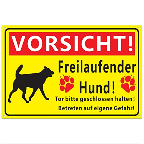 BETESSIN Vorsicht Freilaufende Hund Schild Warnschild Hund 30x20cm Hinweisschilder mit 5mm Bohrlöcher Schilder PVC Hart-Plastik Wetterfest & UV-beständig Schild Gelb von BETESSIN