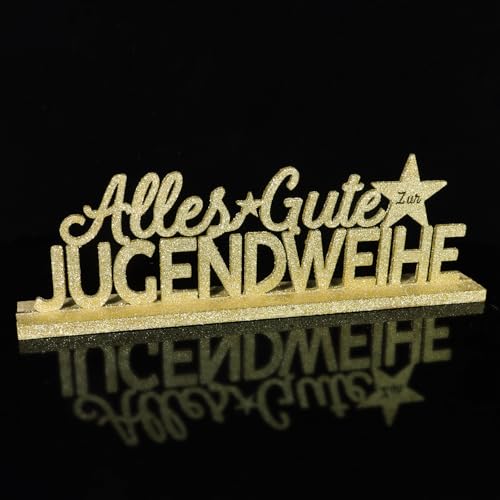 BETESSIN Jugendweihe Deko Gold Glitzer - Alles Gute zur Jugendweihe Holzschriftzug mit Basis - Jugendweihe Tischdeko Holz - Jugendweihe Geschenke für Junge und Mädchen von BETESSIN
