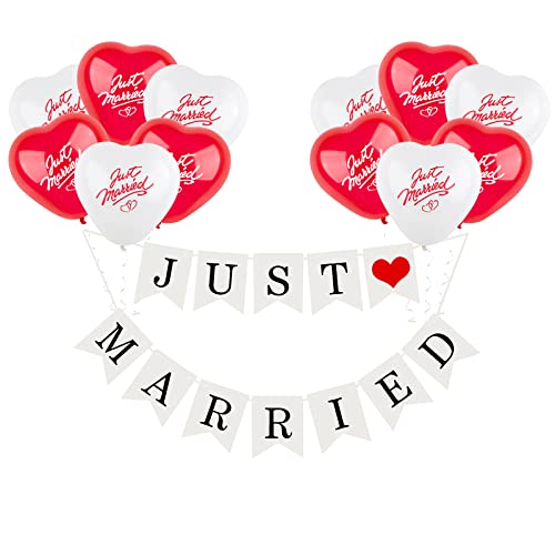 Just Married Deko Set Rot Weiß Just Married Girlande Deko Banner mit 12 Pcs Herz Luftballons Just Married Latex Ballons (10 Zoll) Hochzeitsdeko Geschenk für junge Ehepaar usw. von BETESSIN