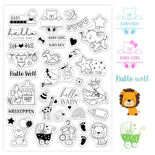 BETESSIN Silikon Stempel Baby Clear Hello Baby Klare Set Stempelmotive Clear Stamps Babyparty Sprüche Deutsch zum Kartenbasteln DIY Scrapbooking Fotoalbum Gastgeschenk von BETESSIN