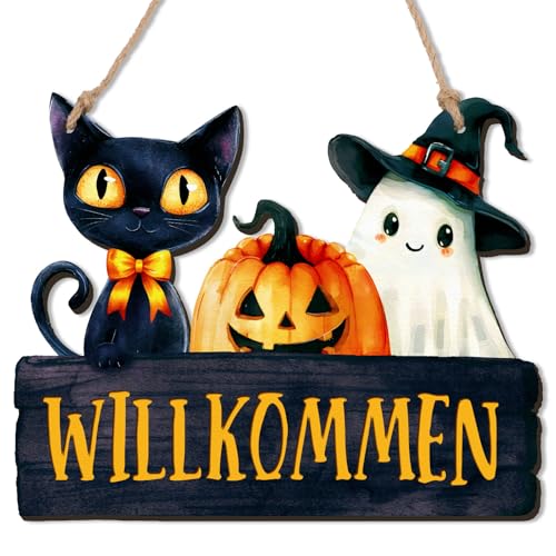 BETESSIN Türschild Halloween - Willkommensschild mit Katze, Geist & Kürbis Motiven - Holzschild mit Spruch - Halloween Deko für Haustür, Fenster, Wand, Garten uvm. BETESSIN Türschild Halloween - Willkommensschild mit Katze, Geist & Kürbis Motiven - Holzschild mit Spruch - Halloween Deko für Haustür, Fenster, Wand, Garten uvm. von BETESSIN