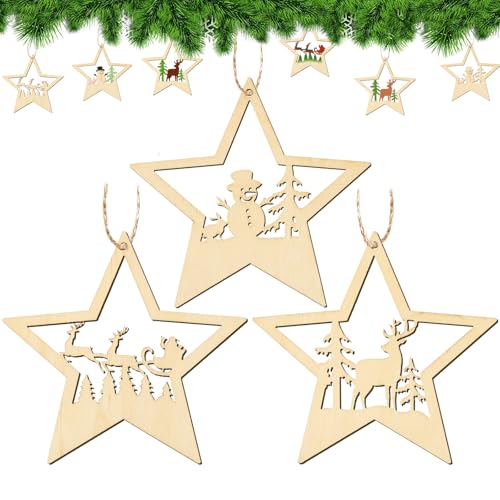 BETESSIN Weihnachtsbaumschmuck Holz - 30 Stück Weihnachtssterne Holzanhänger Weihnachten - Weihnachtsdeko Holz - Holzstern zum Aufhängen- Weihnachtsanhänger für Christbaumschmuck von BETESSIN