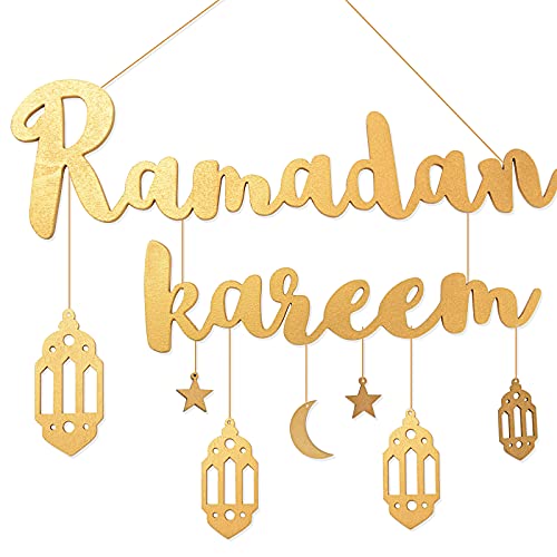 Ramadan Kareem Schriftzug aus Holz Hänge Schild Gold Ramadan Mubarak Dekoration für Wand Tür Fenster Ornamente usw. von BETESSIN