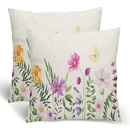 BETGINY Frühlingsblumen-Kissenbezüge, 45.7x45.7 cm, saisonale florale Outdoor-Dekokissen für Couch, bunte Natur, grüne Dekoration, 2 Stück, weiche Bauernhaus-quadratische Leinen-Kissenbezüge für Bett von BETGINY