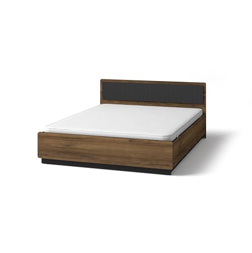 BETTSO - Bett Polsterbett 160x200cm Prestigo, Schlafzimmerbett mit Lattenrost, Gepolstertes Kopfteil - ohne Matratze - Farbkombination aus stilvollem Nussbaum mit geriffeltem Schwarz von BETTSO