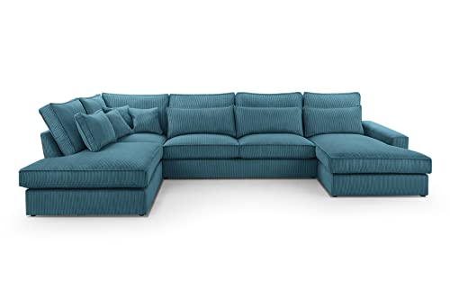 BETTSO -Ecksofa Großes U-Form Couch, Couchgarnitur, Eckcouch, Sofa,Ecksofa mit Kissen und Armlehnen aus Cordstoff-Valentino U (Türkis, Rechts) von BETTSO