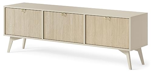 BETTSO - FIRR - TV Schrank - Niedrige Fernsehkommode - TV Ständer - Fernsehschrank - Tisch Wohnzimmer - Fernsehtisch - Wohnzimmerschrank - Modern, Glamour, Boho - Matt Beige & Holzoptik von BETTSO