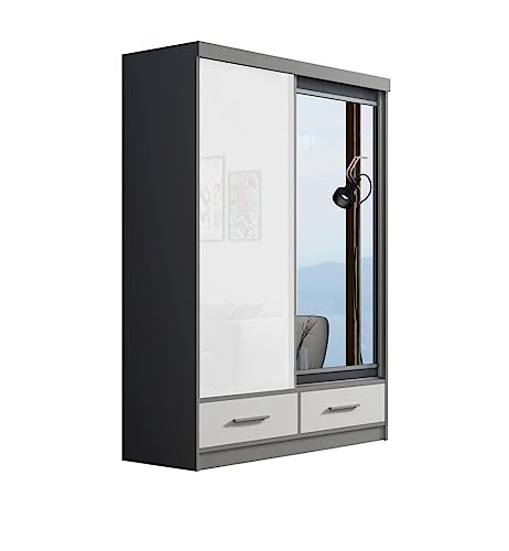 BETTSO -Kleiderschrank Schwebetürenschrank mit Spiegel, mit Kleiderstange Viel Stauraum, geräumige Regalen für Schlafzimmer,Kinderzimmer oder Wohnzimmer-MIRELA (Grau+Weiß Glanz, 150 cm) von BETTSO