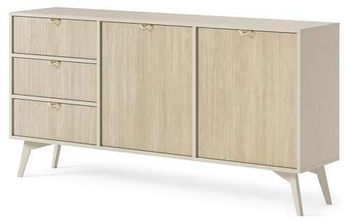 BETTSO - FIRR - Kommode mit hohen Beinen und Fischgratmuster - 158 cm breit - mit 2 Türen, 3 Schubladen - Mehrzweckschrank für Wohnzimmer, Schlafzimmer - Modern, Glamour - Matt Beige & Holzoptik von BETTSO