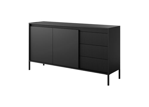 BETTSO - Kommode Schwarz Matt - Kommode mit Schubladen, dekorativen Rillen und hohen Metallbeinen - Push to Open System - 153 cm breit, 81 cm hoch - Kommode Wohnzimmer von BETTSO
