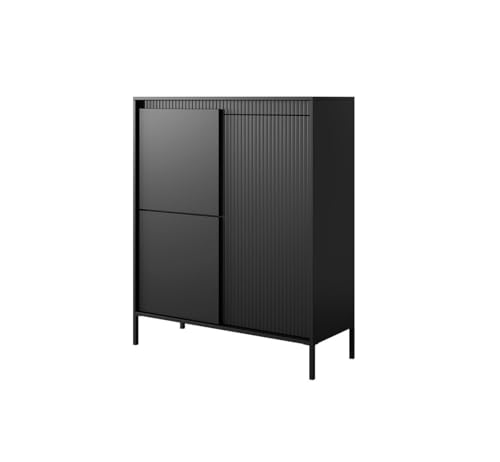 BETTSO - Kommode Schwarz Matt - Kommode mit Türen, dekorativen Rillen und hohen Metallbeinen - Push to Open System - 103 cm breit, 123 cm hoch - Highboard, Kommode Wohnzimmer von BETTSO