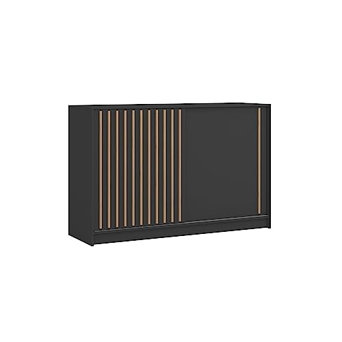 BETTSO -Kommode Sideboard mit Schiebetüren Schrank mit Lamellen Aufbewahrungsschrank-150x94x45cm-LAY (Schwarz+Wotan Lamellen) von BETTSO