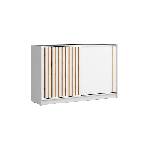 BETTSO -Kommode Sideboard mit Schiebetüren Schrank mit Lamellen Aufbewahrungsschrank-150x94x45cm-LAY (Weiß+Wotan Lamellen) von BETTSO