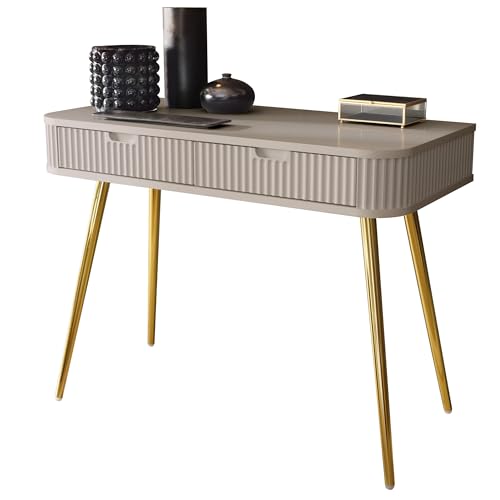 BETTSO - Konsolentisch mit Schubladen - Schminktisch mit Metallbeinen und dekorativen Rillen - 103cm breit, 49cm tief - für Schlafzimmer, Jugendzimmer - Schminktisch Kaschmir + Gold BETTSO - Konsolentisch mit Schubladen - Schminktisch mit Metallbeinen und dekorativen Rillen - 103cm breit, 49cm tief - für Schlafzimmer, Jugendzimmer - Schminktisch Kaschmir + Gold von BETTSO