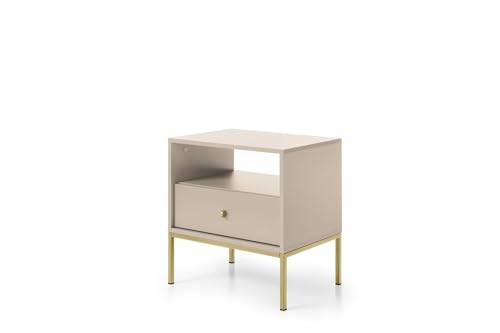 BETTSO - Molly - Nachttisch-/Schrank mit Schublade und Ablagefach - mit hohen Metallbeinen - Beistelltisch für Schlafzimmer - Nachtschränkchen - Modern, Glamour - Beige mit Goldenen Beinen von BETTSO