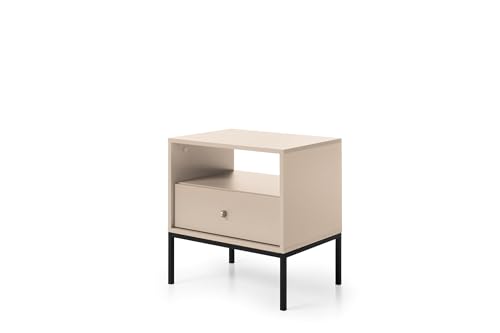 BETTSO - Molly - Nachttisch-/Schrank mit Schublade und Ablagefach - mit hohen Metallbeinen - Beistelltisch für Schlafzimmer - Nachtschränkchen - Modern, Glamour - Beige mit Schwarzen Beinen von BETTSO