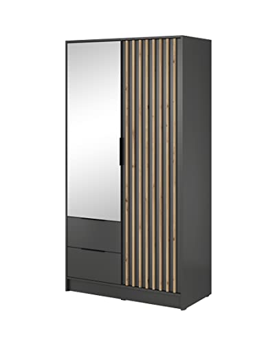 BETTSO - Nelly - Kleiderschrank mit Spiegel - 2 Drehtüren, 2 Schubladen, Fächern und Kleiderstange - Lamellen/Gerillt - für Garderobe, Flur, Schlafzimmer - Modern - Matt Schwarzgrau/Anthrazit von BETTSO