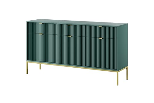 BETTSO - Nova KSZ-154 - Kommode - Schminktisch - Komodenschrank - 83 cm hoch, 154 breit - 3 Schubladen, Geriffelt - für Wohnzimmer - Modern, Glamour - Grün - mit goldenen Griffen und Beinen von BETTSO