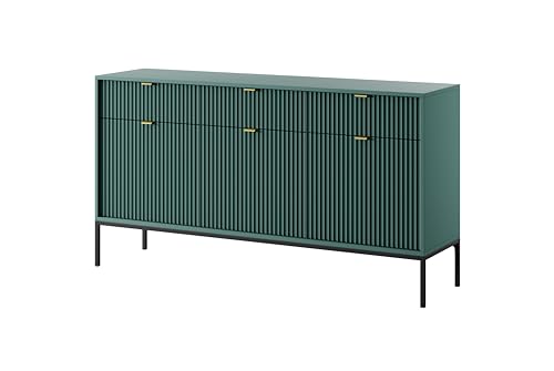 BETTSO - Nova KSZ-154 - Kommode - Schminktisch - Komodenschrank - 83 cm hoch, 154 breit - 3 Schubladen, Geriffelt - für Wohnzimmer - Modern, Glamour - Grün - mit goldenen Griffen von BETTSO