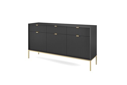 BETTSO - Nova KSZ-154 - Kommode - Schminktisch - Komodenschrank - 83 cm hoch, 154 breit - 3 Schubladen, Geriffelt - für Wohnzimmer - Modern, Glamour - Schwarz - mit goldenen Griffen und Beinen von BETTSO