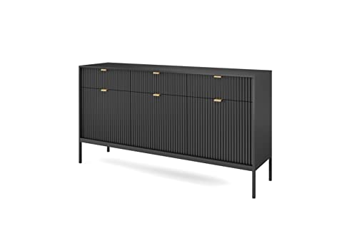 BETTSO - Nova KSZ-154 - Kommode - Schminktisch - Komodenschrank - 83 cm hoch, 154 breit - 3 Schubladen, Geriffelt - für Wohnzimmer - Modern, Glamour - Schwarz - mit schwarzen Griffen und Beinen von BETTSO