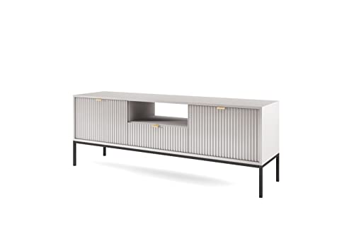 BETTSO - Nova RTV-154 - TV Schrank - Kommode - Mehrzweckschrank - Tv Ständer - mit Schublade 2 Türen - Niedrig, Geriffelt - Wohnzimmer - Modern, Glamour - Grau - mit schwarzen Griffen von BETTSO