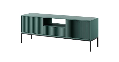 BETTSO - Nova RTV-154 - TV Schrank - Kommode - Mehrzweckschrank - Tv Ständer - mit Schublade 2 Türen - Niedrig, Geriffelt - Wohnzimmer - Modern, Glamour - Grün - mit schwarzen Griffen von BETTSO