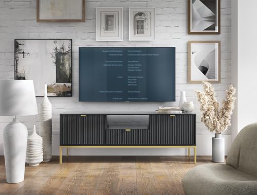 BETTSO - Nova RTV-154 - TV Schrank - Kommode - Mehrzweckschrank - Tv Ständer - mit Schublade 2 Türen - Niedrig, Geriffelt - Wohnzimmer - Modern, Glamour - Schwarz - mit goldenen Griffen von BETTSO