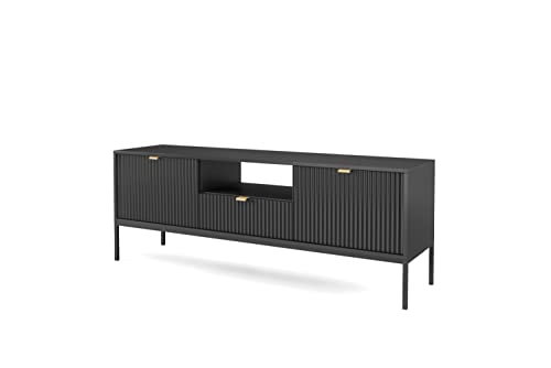 BETTSO - Nova RTV-154 - TV Schrank - Kommode - Mehrzweckschrank - Tv Ständer - mit Schublade 2 Türen - Niedrig, Geriffelt - Wohnzimmer - Modern, Glamour - Schwarz - mit schwarzen Griffen von BETTSO