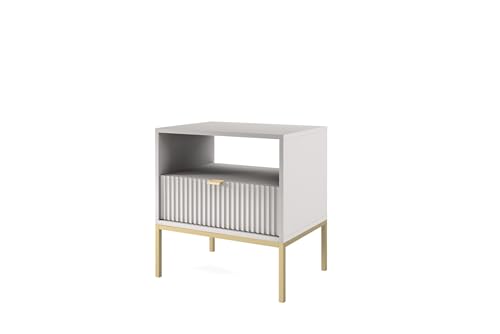 BETTSO - Nova S-54 - Nachttisch - Beistelltisch - Schubladenschrank - Nachtschrank - mit hohen Metallbeinen - Geriffelt - Schlafzimmer - Modern, Glamour - Grau - mit goldenen Griffen von BETTSO