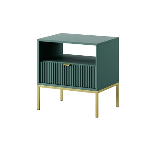 BETTSO - Nova S-54 - Nachttisch - Beistelltisch - Schubladenschrank - Nachtschrank - mit hohen Metallbeinen - Geriffelt - Schlafzimmer - Modern, Glamour - Grün - mit goldenen Griffen von BETTSO