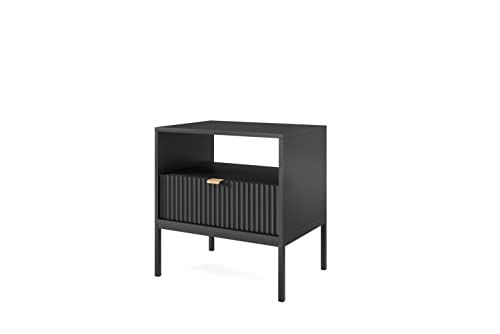 BETTSO - Nova S-54 - Nachttisch - Beistelltisch - Schubladenschrank - Nachtschrank - mit hohen Metallbeinen - Geriffelt - Schlafzimmer - Modern, Glamour - Schwarz - mit schwarzen Griffen von BETTSO