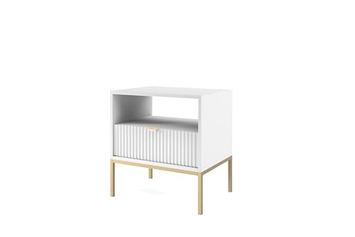 BETTSO - Nova S-54 - Nachttisch - Beistelltisch - Schubladenschrank - Nachtschrank - mit hohen Metallbeinen - Geriffelt - Schlafzimmer - Modern, Glamour - Weiß - mit goldenen Griffen von BETTSO