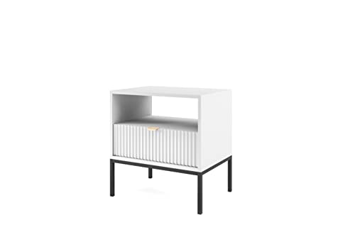 BETTSO - Nova S-54 - Nachttisch - Beistelltisch - Schubladenschrank - Nachtschrank - mit hohen Metallbeinen - Geriffelt - Schlafzimmer - Modern, Glamour - Weiß - mit schwarzen Griffen von BETTSO