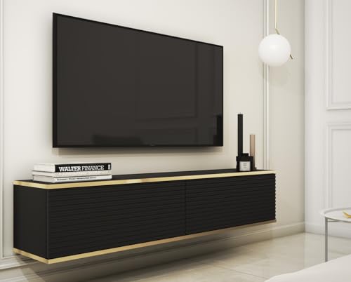 BETTSO - ORO - TV-Hängeschrank - Fernsehkommode - 135 cm breit - mit Gold Deko - Lowboard - Fernsehtisch,/-Bank - Glamour - 3 Klapptüren - Wandschrank - Wohnzimmer Möbel - Matt Schwarz Gerillt von BETTSO