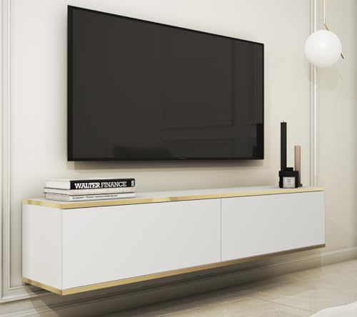 BETTSO - ORO - TV-Hängeschrank - Fernsehkommode - 135 cm breit - mit Gold Deko - Lowboard - Fernsehtisch,/-Bank - Glamour - 3 Klapptüren - Wandschrank - Wohnzimmer Möbel - Matt Weiß Glatt von BETTSO