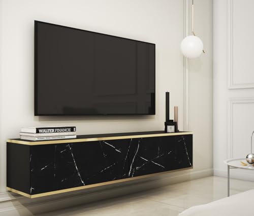 BETTSO - ORO - TV-Hängeschrank - Fernsehkommode - 175 cm breit - mit Gold Deko - Lowboard - Fernsehtisch, Bank - Glamour - 3 Klapptüren - Wandschrank - Wohnzimmer Möbel - Matt Marmor Schwarz von BETTSO