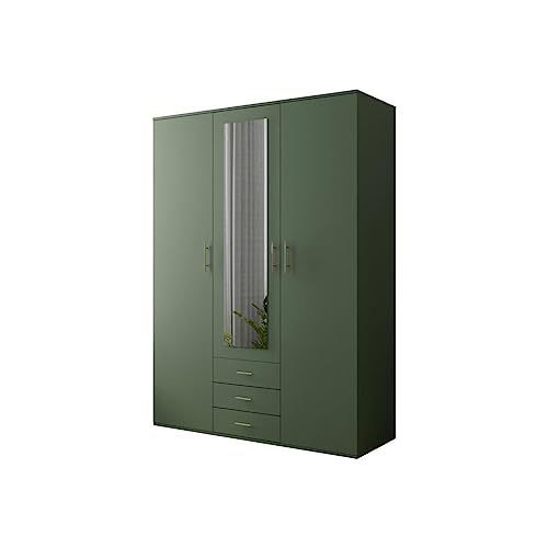 BETTSO-Schrank Kleiderschrank Drehtürenschrank in Grün mit Spiegel inklusive 3 Schublade, Zubehörpaket Basic Einlegeböden, Kleiderstange-Green (Grün, 150 cm) von BETTSO