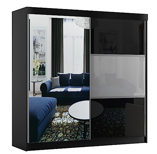 BETTSO -Schwebetürenschrank mit Spiegel Kleiderschrank mit Kleiderstange und Einlegeboden Schlafzimmer- Wohnzimmerschrank Schiebetüren (Schwarz + Schwarz Glanz)-BOMBAJ (Schwarz, 200 cm) von BETTSO