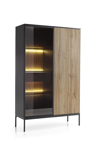 BETTSO - Sentino - Hochkommode - mit Glastür, Schublade, Rillen und LED - 2-türig - Grifflos, Push-to-Open - Vitrine - Wohn-/, Esszimmer - Hohe Metallbeine - Schwarzgrau und Holzoptik Wotan-Eiche von BETTSO