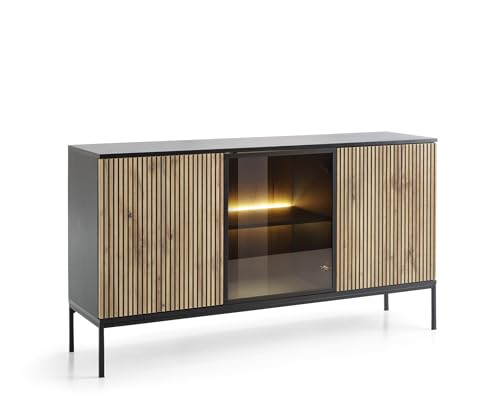 BETTSO - Sentino - Kommode mit Glas, Rillen und LED - 154 cm breit - Schrank - Sideboard Wohnzimmer - Mehrzweckschrank - Lowboard - Fernseher Kommode - Anrichte - Schwarzgrau und Holzoptik Wotan-Eiche von BETTSO