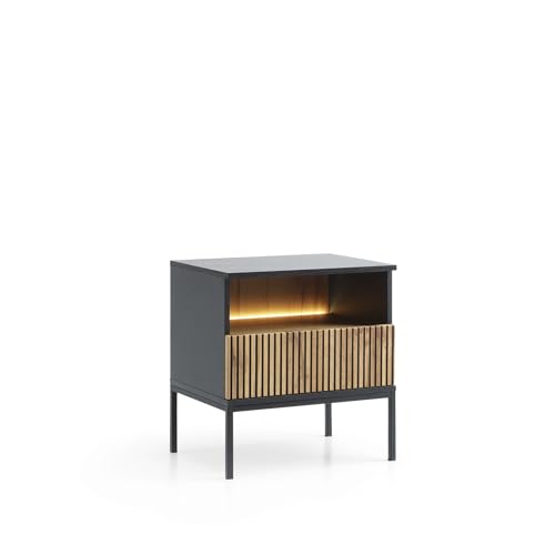 BETTSO - Sentino - Nachttisch - Schrank - Schubladenschrank - Nachtschrank - Nachtkästchen - Nachtisch - Gerillt - Schlafzimmer - Glamour, Matt - Schwarzgrau und Holzoptik Wotan-Eiche von BETTSO
