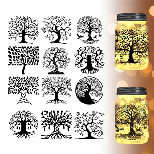 BEUNITONE Baum des Lebens Silhouette Ausschnitte Aufkleber, 12 Stück PVC, Schwarz, Wand, Fenster, Gläser Dekor von BEUNITONE