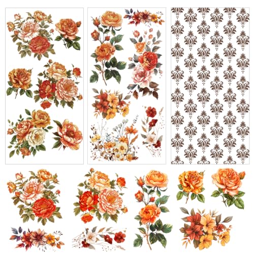 BEUNITONE 3 Bogen Möbelaufkleber Zum Neugestalten 6"X12" florale Möbeltransfers Zum Aufreiben Herbstblumen Vintage Transfers Zum Basteln Möbel Holzmöbel Scrapbooking Wand Und Türdekor von BEUNITONE