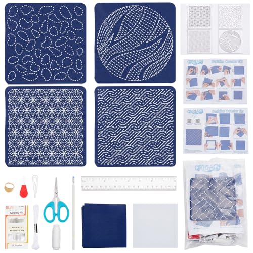 BEUNITONE Blumen Sashiko Untersetzer DIY Set Mit Anleitung Wasserlösliches Sashiko Teeset Untersetzer Set Verschiedene Muster Stickvorlagen Set Sashiko Untersetzer Stickset Für Erwachsene Anfänger von BEUNITONE