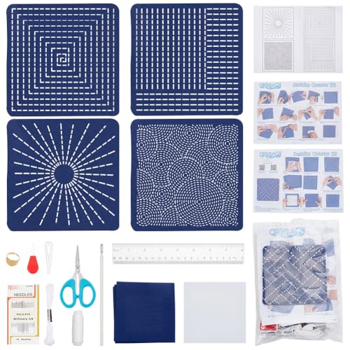BEUNITONE Sashiko Untersetzer Set Zum Selbermachen Wasserlösliches Sashiko Teeset Stickvorlagen Set Sashiko Untersetzer Stickset Für Erwachsene Anfänger von BEUNITONE