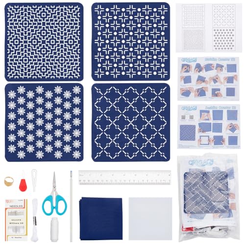 BEUNITONE Sashiko Untersetzer Set Zum Selbermachen Wasserlösliches Sashiko Teeset Untersetzer Set Verschiedene Muster Stickvorlagen Set Sashiko Untersetzer Stickset Für Erwachsene Anfänger von BEUNITONE