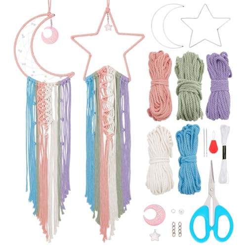 BEUNITONE Traumfänger Set Zum Selbermachen Aus Baumwollseil Rosa Traumfänger Set Mit Mond Und Stern Zur Wanddekoration Handgefertigter Makramee Traumfänger Farbenfrohe Boho Raumdekoration von BEUNITONE