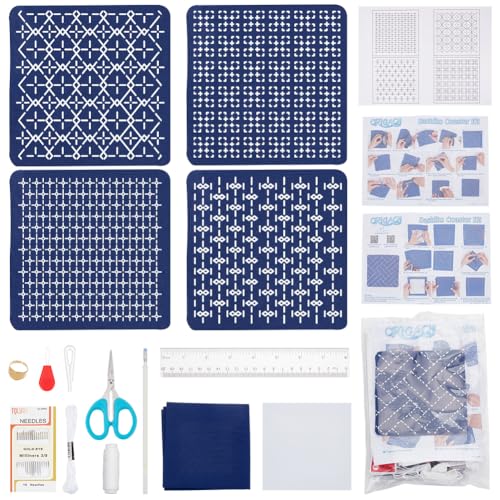 BEUNITONE Weiße Und Blaue Sashiko Untersetzer DIY Set Wasserlösliches Sashiko Teeset Stickvorlagen Set Sashiko Untersetzer Stickset Für Erwachsene Anfänger von BEUNITONE